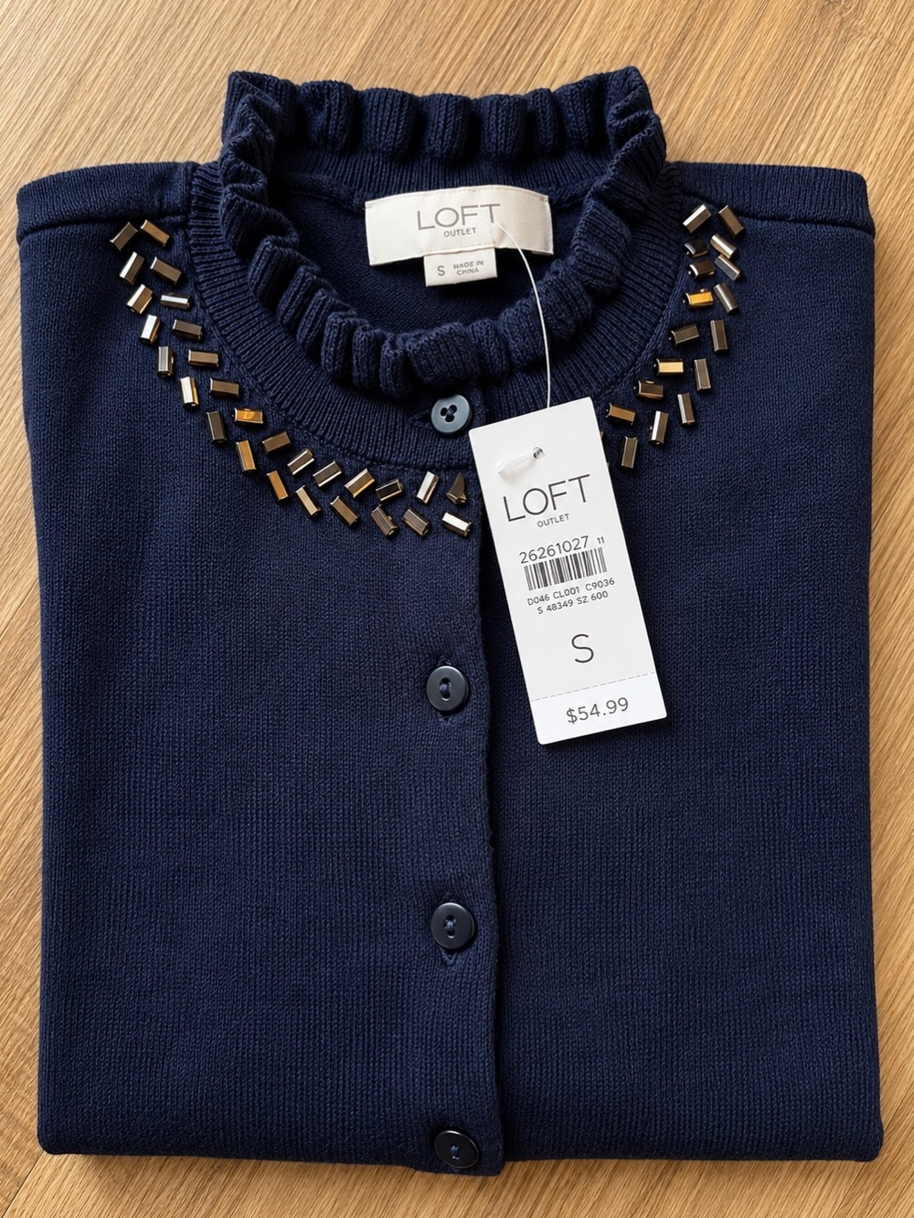 Nwt! LOFT Navy Embellished Ruffle Neck Cardigan Size Small